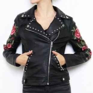 Embroidered Vegan Leather Jacket